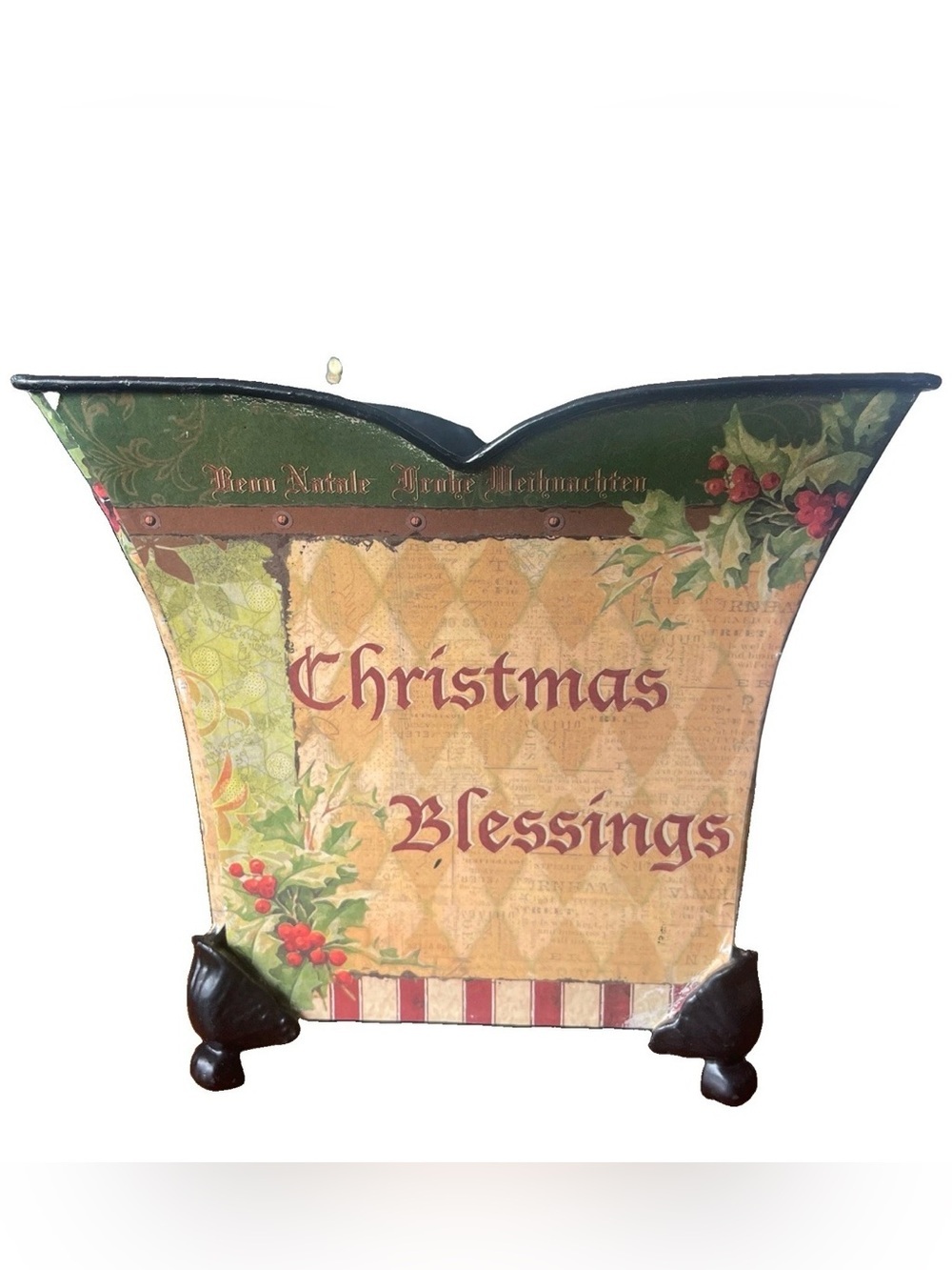 Christmas Metal Planter Cachepot Set 2 Santa Holly Poinsettia Vintage Style - Picture 7 of 8